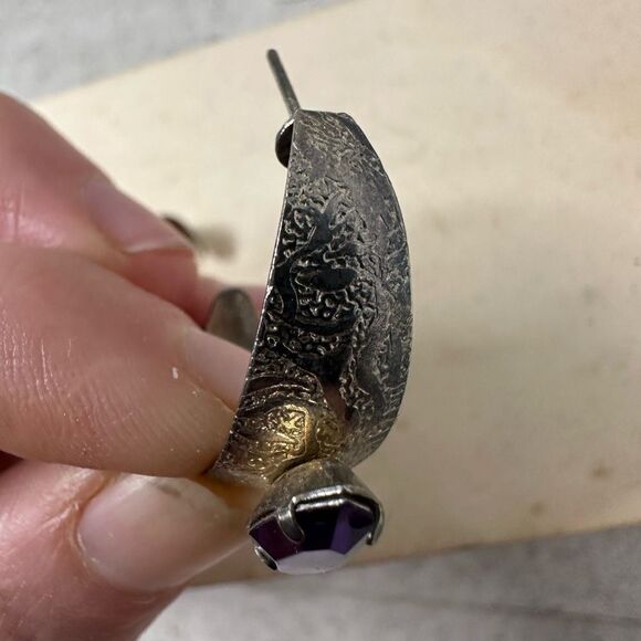 Vintage Filigree Etched Metal Earrings With Purple Accent - Picture 3 of 5